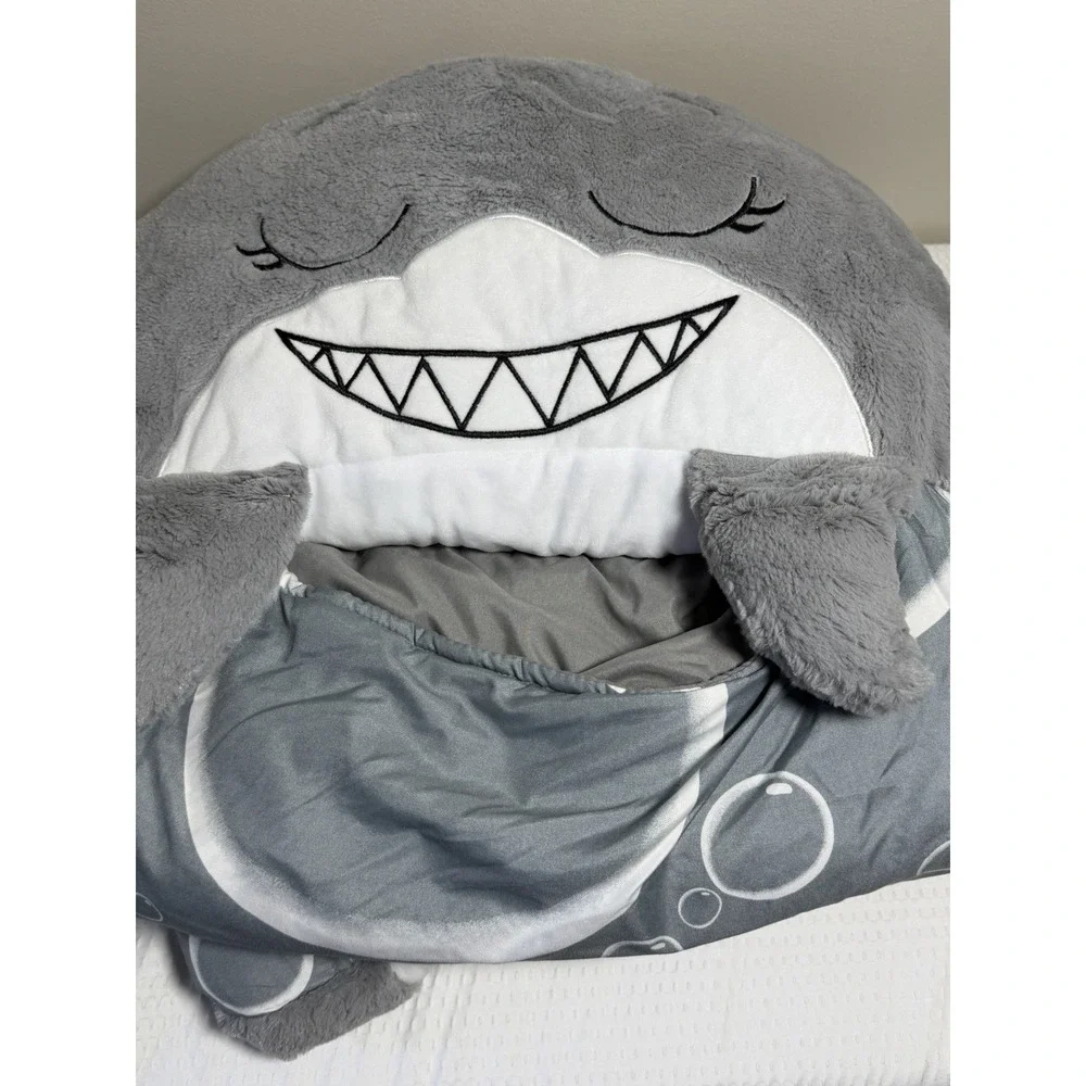 Happy Nappers Shark Kids Sleeping Bag Plush Pillow, Zip, Gray/White Washable